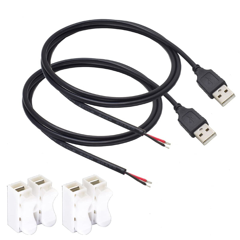 2pcs 1M/3.3Ft 20AWG USB 2.0 Male Plug 2pin Wire DIY Pigtail Cable 5V 5A Black USB Power with 2-Position Spring Wire Connector