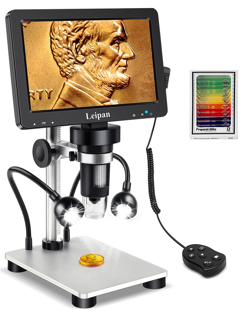 7" LCD Digital Microscope 1200X,Leipan 12MP Coin Microscope with Screen for Adults,1080P Coin Magnifier with 12pcs Slides,Wired Remote,2 Side Lights,Windows/Mac OS Compatible DM9-7" Digital Microscope