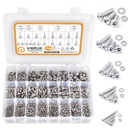 VIGRUE 1148Pcs Metric Phillips Pan Head Screws Bolt Nut Flat Washers M2 M3 M4 M5 M6 Machine Screws Assortment Kit,304 Stainless Steel M2 M3 M4 M5 M6 phillips