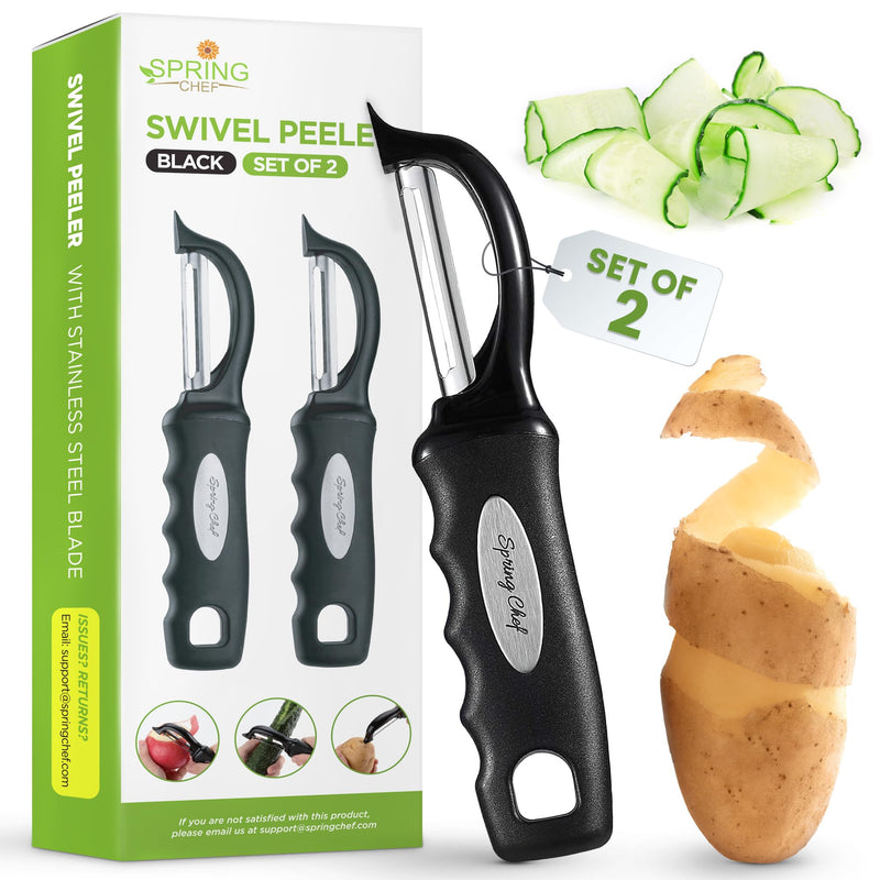Spring Chef Premium Swivel Vegetable Peeler, Soft Grip Handle and Ultra Sharp Stainless Steel Blades - Perfect Kitchen Peeler For Veggie, Fruit, Potato, Carrot, Apple - Black - Set of 2