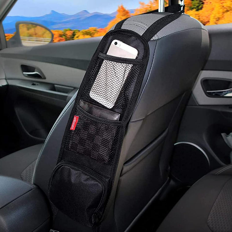 Luckybay Car Seat Side Organizer, Auto Seat Storage Hanging Bag, Phones, Drink, Stuff Holder with Mesh Pocket for Cars, SUV & Truck Black