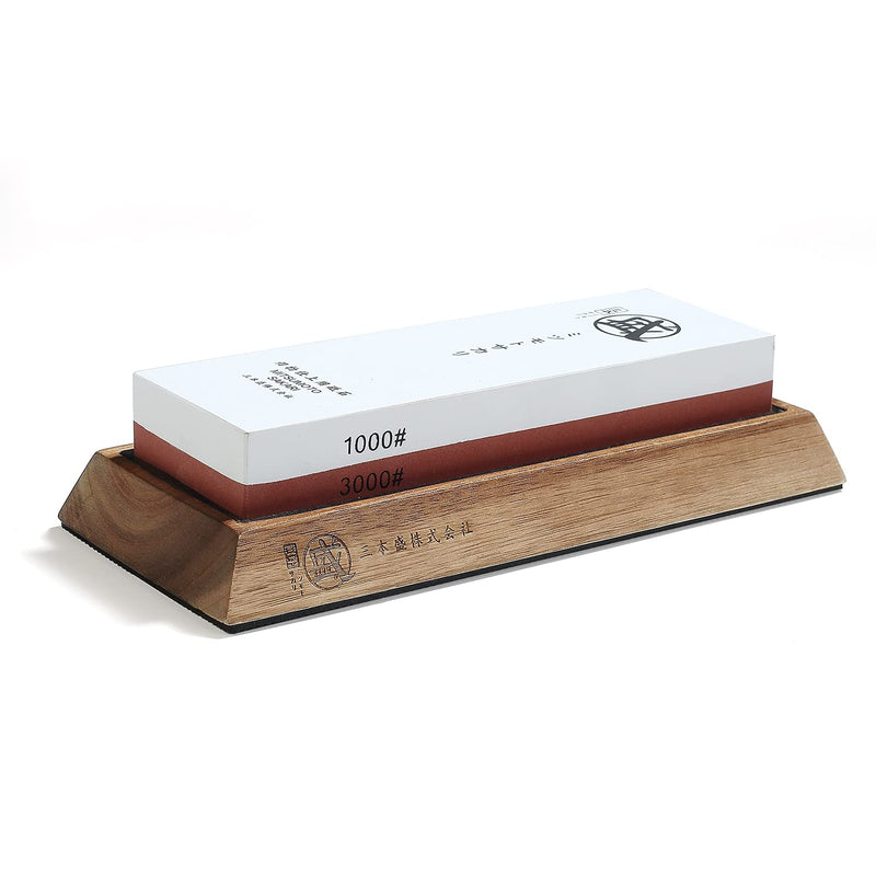 MITSUMOTO SAKARI Professional Japanese 1000/3000 Grit Sharpening Stone | Sharpening and Honing, White Corundum Whetstone, Controlled Water Absorption, Bamboo Base, Kraft Box