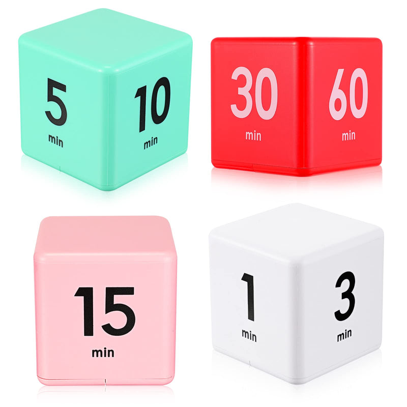 Weewooday 4 Pieces Cube Timer Gravity Sensor Flip Digital Workout Timer Cube for Management Duration Home Kitchen Study, 1 3 5 10 Minutes and 15 20 30 60 Minutes (White, Red, Pink, Green)