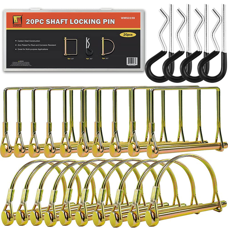 Wellmax 20 Pcs Trailer Pin in 1/4 Diameter Zinc-Plated Heavy Duty Safety Pins, Bonus 4 Pcs Heavy Duty Trailer Hitch Pin for Trailer Lock and Hitch Pin Lock for Farm Lawn Garden Wagons (Gold) Gold-20pc