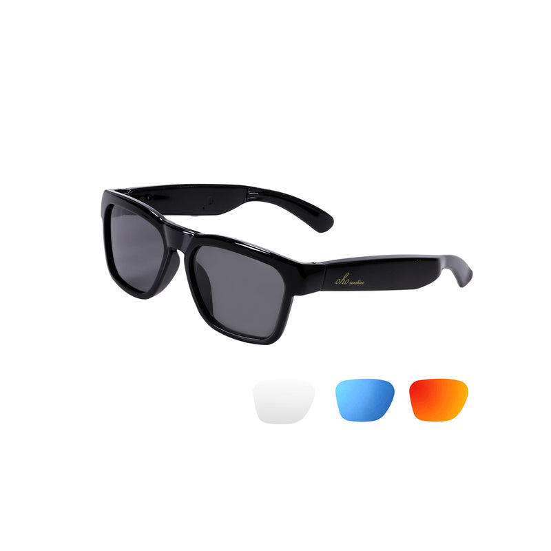 OhO Smart Glasses,Polarized Sunglasses with Bluetooth Speaker,Athletic/Outdoor UV Protection and Voice Control,Unisex(Grey Lens) Shiny Black Frame-black Lens