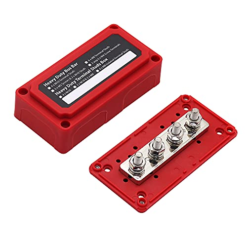 Offgridtec BusBar Box 4 x M8 Connection Bolts, Nickel-Plated Brass Connectors, Fiberglass Reinforced Nylon Housing with Removable Cover & Insulation Wall, Modular Power Distribution (200A, Red) Busbar Box 4 x M8 with Cover Red