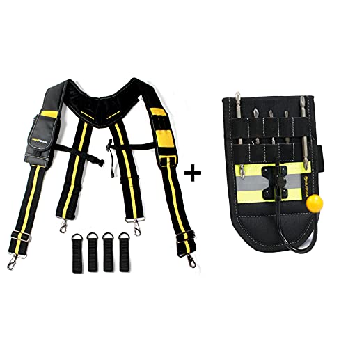 MELOTOUGH 1 PACK Tool Belt Suspenders Heavy Duty Work for Carpenter + 1 PACK Drill Holster Power Tool Holder with Drill Bit Tote
