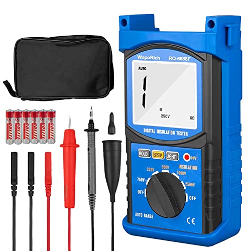 Digital Insulation Resistance Tester, RQ-6688F Voltage Tester 250/500/ 1000/ 2500V, Auto Range Megohmmeter 1MΩ~20GΩ, Resistance Tester with 1999 Count LCD Display, Data Hold, Back-Light （Battery） US-RQ-6688F