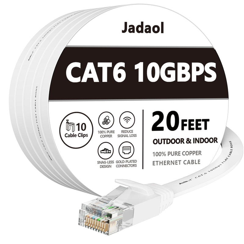 Cat 6 Ethernet Cable 20 ft, Outdoor & Indoor, 10Gbps Support Cat8 Cat7 Network, Slim Long Flat Internet LAN Patch Cord, Cat6 Fast Speed Weatherproof Cable for Router, Modem, PS4/5, Xbox, Gaming, White 20ft