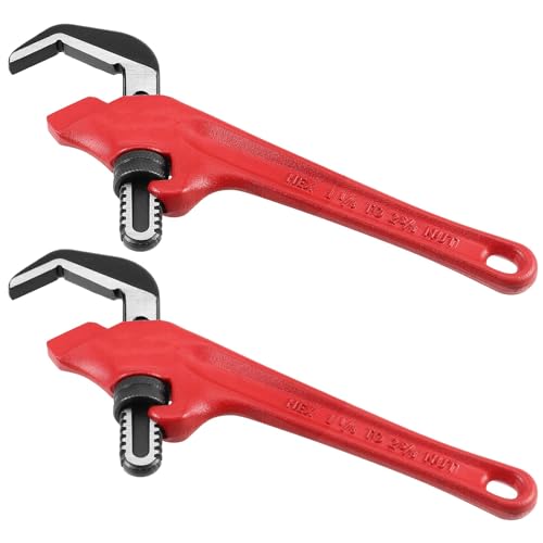 SEUNMUK 2 PCS 9-1/2 Inch Hex Offset Wrench, Offset Pipe Wrench Heavy Duty Steel End Pipe Adjustable Plumbing Tools with Red Handle, 1-1/8-2 5/8 Inches Capacity