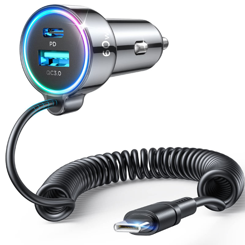 USB C 60W Super Fast Car Charger PD& QC3.0 with 5ft 30W Type C Coiled Cable, Car Phone Charger Adapter for iPhone 15 Pro Max Plus, Samsung Galaxy S24/S23/S22, Google Pixel/Moto/LG/Android, iPad Pro… Black