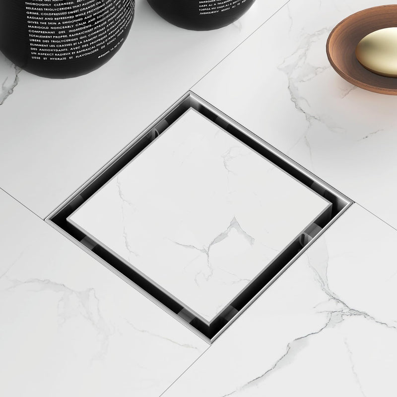 Sharpeye 4 Inch Square Shower Drain with Removable Tile Insert Grate, Brushed 304 Stainless Steel Square Shower Floor Drain, Includes Hair Strainer, CUPC Certified Brushed Stainless Steel