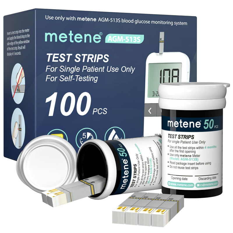 Metene AGM-513S Blood Glucose Test Strips, 100 Count, No Monitor | 100 Count Blood Glucose Test Strips, Use with Metene AGM-513S Blood Glucose Monitoring System Only (No Monitor) 100 Count(Pack of 1)