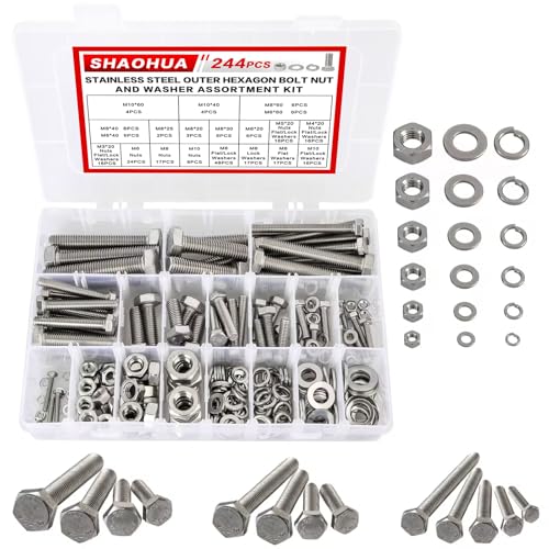 Metric Bolt Assortment, 244PCS M3 M4 M5 M6 M8 M10 Hex Bolts and Nuts Kit, 10-50mm Stainless Steel Bolts and Nuts Kit, Flat Hex Head Screws Bolts Nuts, Lock and Flat Gasket Washers Assortment Kit A. M3 M4 M5 M6 M8 M10