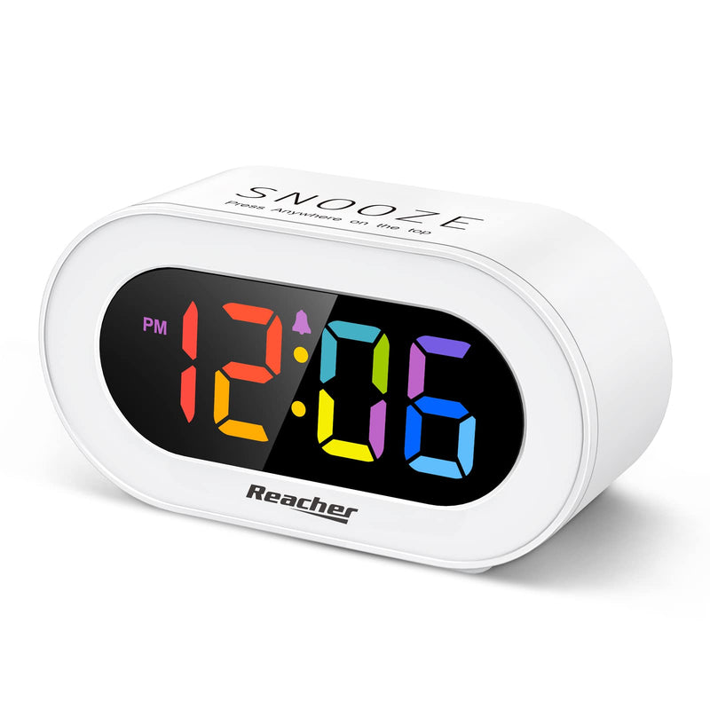 REACHER Small Colorful LED Digital Alarm Clock with Snooze, Simple to Operate, Full Range Brightness Dimmer, Adjustable Alarm Volume, Outlet Powered Compact Clock for Bedrooms, Bedside, Desk, Shelf Colorful Digit