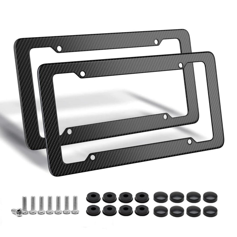 Black Carbon Fiber License Plate Frame, 2 Pack Glossy Waterproof Plastic Number Plate Frame Print Carbon Fiber Pattern for Man and Women (with Fasteners and Screws)