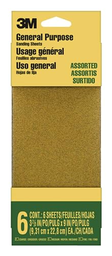 3M Sandpaper, Assorted Pack 100-150-220 Grit, 6 Sheets, 3-2/3 in x 9 in, Sands Paint, Wood & Metal, Great For General Purpose Sanding, Assorted Coarse, Medium & Fine Sand Paper (9019NA-CC)