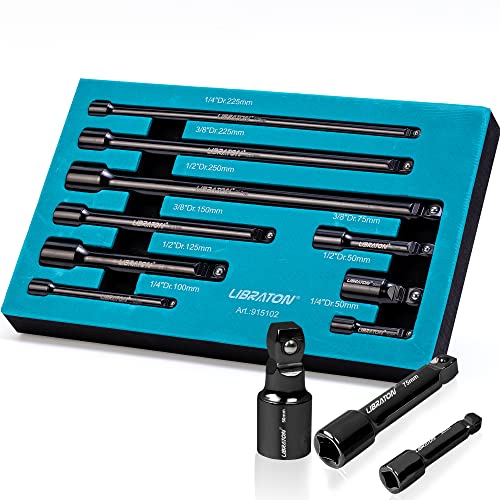 LIBRATON Wobble Extension Set, Socket Extensions Set, Ratchet Extensions 1/4", 3/8", 1/2", Cr-V, with EVA Storage Tray 9PCs-Black