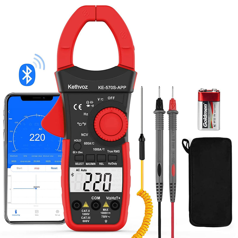 Bluetooth Clamp Meter Clamp Meter, Kethvoz Anto Range True-RMS Current Clamp NCV Voltmeter 570S-APP Measure AC/DC Voltage Current, Continuity Resistance Capacity Temperature 1000A Bluetooth Clamp Meter 570SAPP