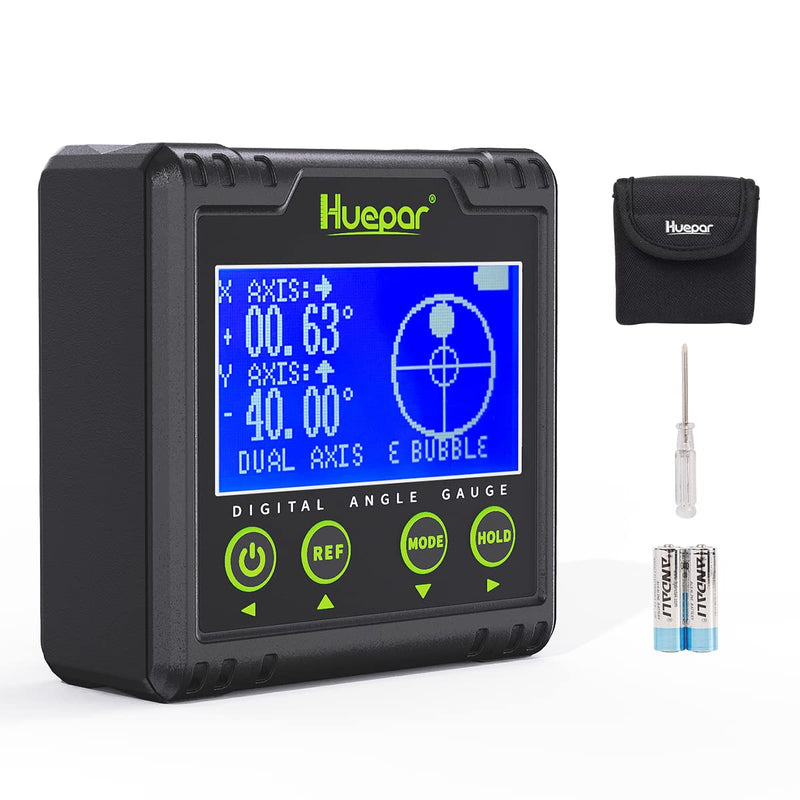 Huepar Digital Protractor, Electric Level Dual Axis Meter 0.01° Resolution V-Groove Magnetic Base & LCD Inclinometer with Acoustic Alarm 0~360°AG03