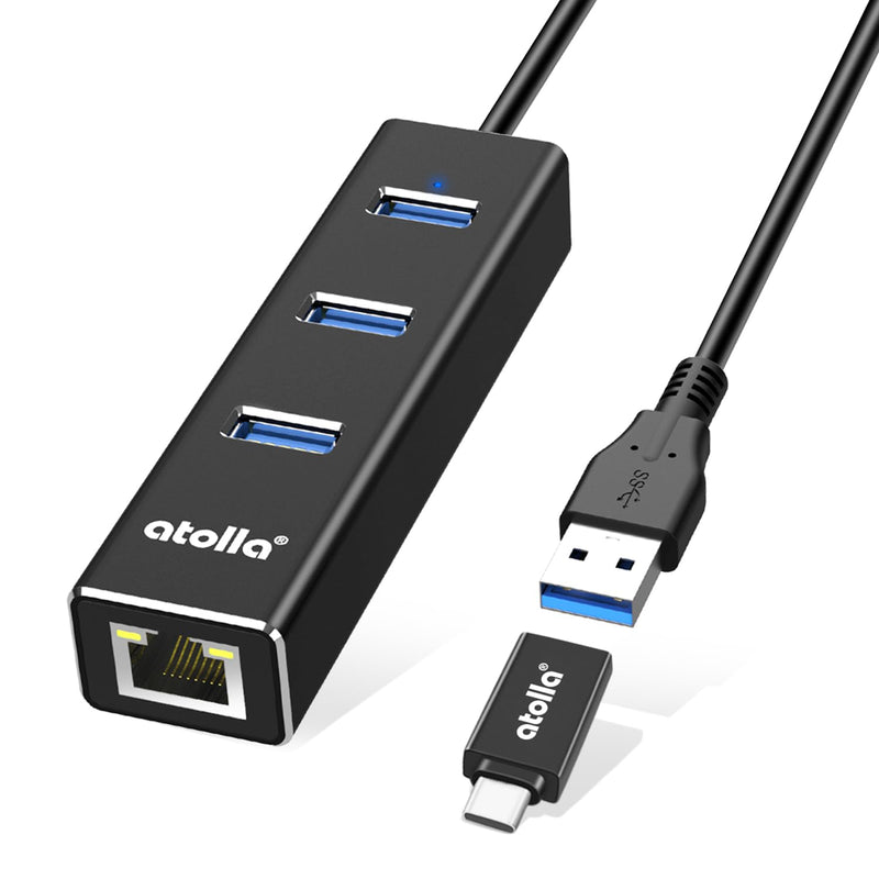 USB 3.0 Hub with Gigabit Ethernet — 3-Port SuperSpeed USB-A Hub + USB-C Adapter, 5Gbps Data Transfer, Plug-&-Play, Aluminum Design — Compatible with MacBook Pro/Air, Dell XPS, Surface, Chromebook