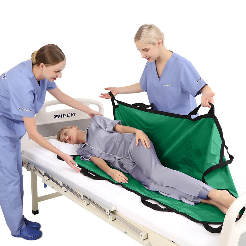 Multipurpose 55" x 36" Positioning Bed Pad with Reinforced Handles - Reusable & Washable Patient Sheet for Turning, Lifting & Repositioning - Double-Sided Nylon Fabric, Green