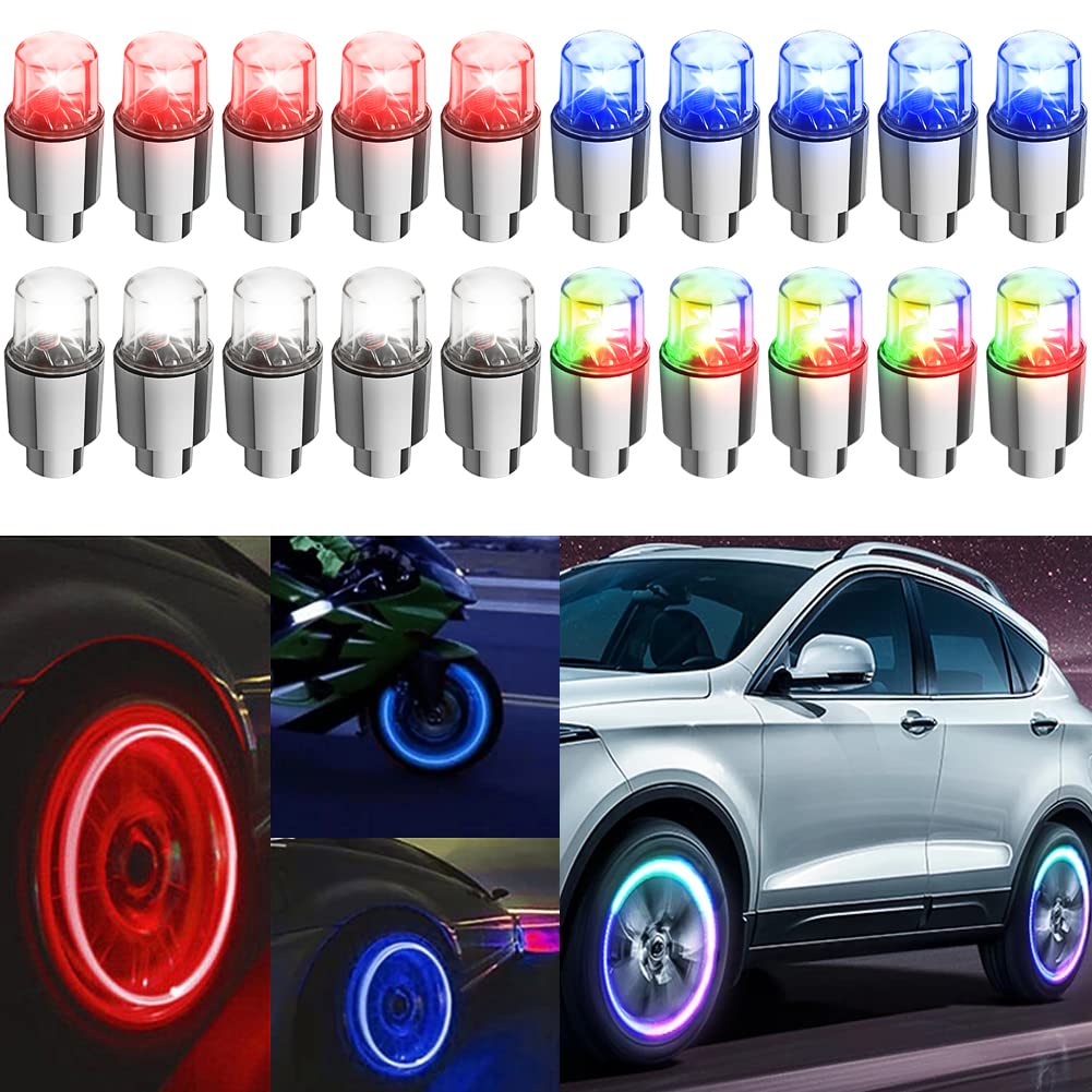 20Pcs Tire Valve Light, LED Wheel Lights, Waterproof LED Flashing Light, Tire Valve Caps Lamp for Car Bike Motorcycle (Red+Blue+White+Colorful) 1# 5Red+5Blue+5Colorful+5White 20Pcs