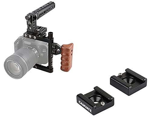 CAMVATE DSLR Camera Cage Top Handle Wood Grip + Cold Hot Shoe(2 Pieces) for DSLR Camera Rig