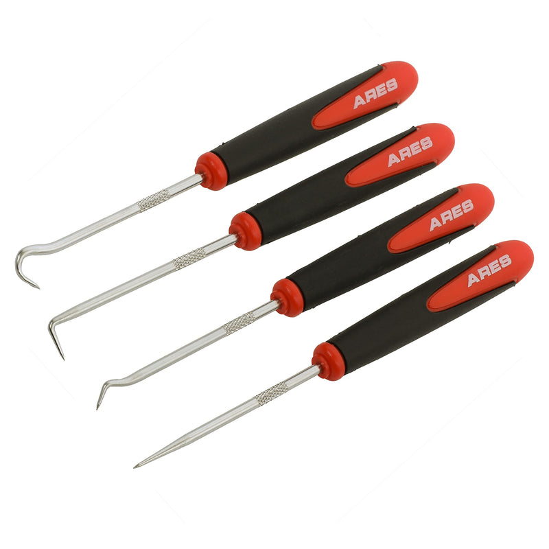 ARES 10034 – Mini Hook and Pick Set - 4-Piece Set Includes Angled, Straight, and Full Hooks and Picks - Hardened Steel Shafts - Easily Remove Hoses, O-Rings, and Gaskets 4-Piece Mini Hook/Pick Set