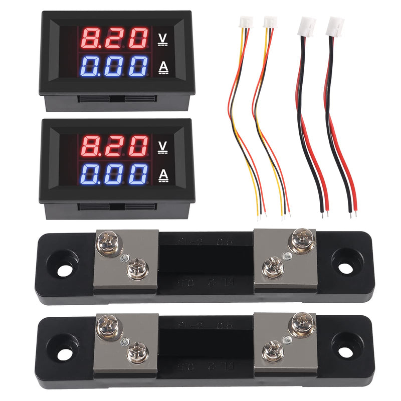 2pcs 0.28'' Digital Volt Amp Voltmeter Ammeter Meter DC 0-100V 50A Red Blue Dual LED Display Voltage Amperage Current Meter 2 in 1 Tester with 50A/75mV Shunt