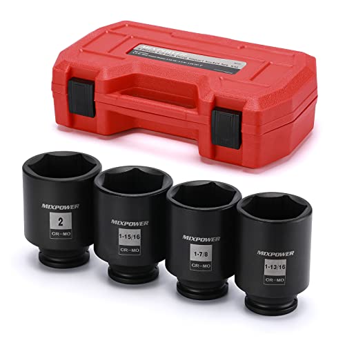 MIXPOWER 1/2-Inch Drive Deep Impact Socket Set, Inch, Cr-Mo, 6 Point, 1-13/16",1-7/8", 1-15/16", 2", 4-Pieces 1/2" Dr. Spindle Axle Nut Impact Socket Set, Impact Grade