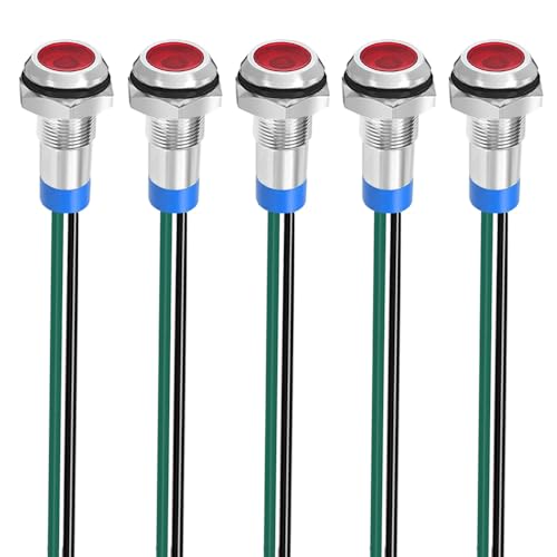 Gebildet Pack of 5 8 mm 3V-4.5V-5V-6V-7.5V-9V LED Metal Indicator Light Waterproof Signal Lamp Pilot Dash with Wire (Red) Red (8 Mm)