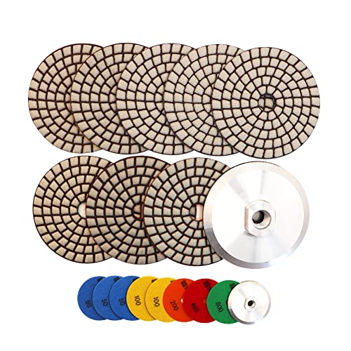 HIGHDRIL 100 mm Dry Diamond Polishing Disc, Pack of 8, for Granite, Stone, Marble | Pack of 8. (#50x3/100x2/200/400/800) diamond polishing pads with aluminum base backing pads for floor grinders or polishers 100mm KIT3