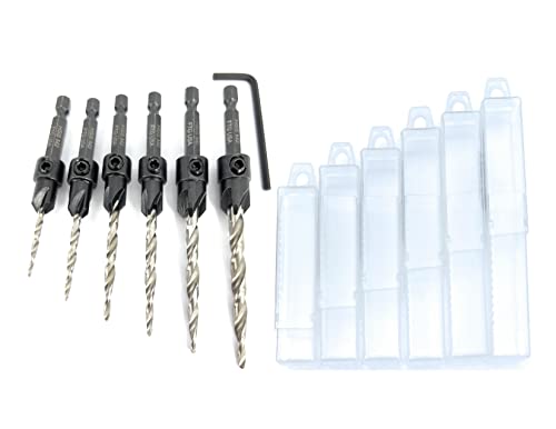 FTG USA Wood Countersink Drill Bit Set 6 Sizes #4 to #14 Set Countersink HSS M2 Tapered Drill Bits, Quick Change 1/4" Hex Shank Countersink bit, with 6 Storage Containers, 1 Allen Wrench
