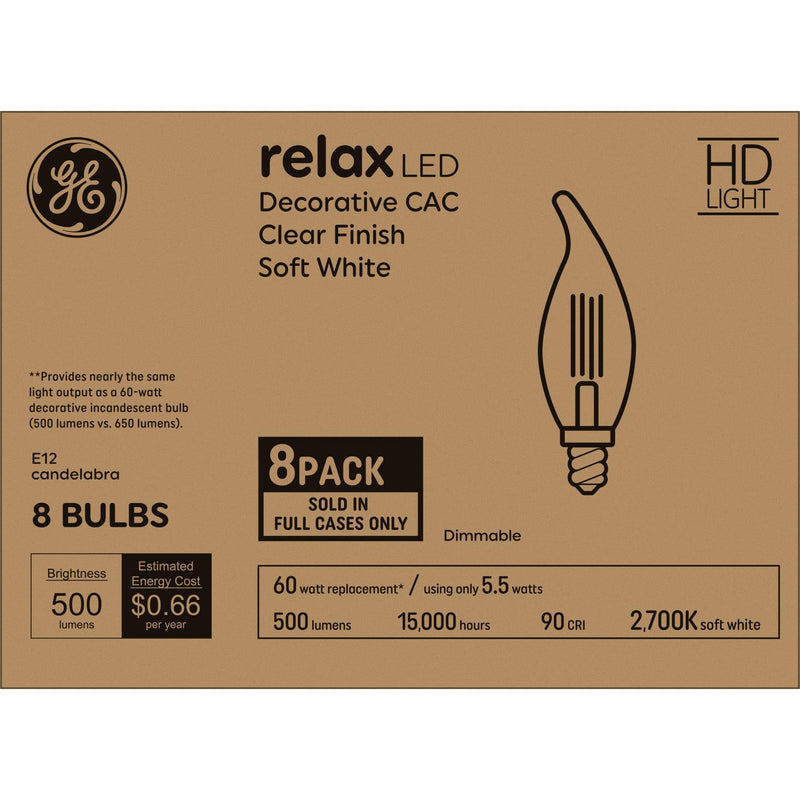 GE Relax LED Light Bulbs 60W, Soft White Candle Lights, Clear Decorative Light Bulbs, Small Base (8 Pack) 8 Pack