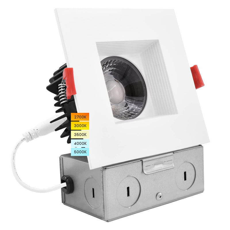 LUXRITE 4 Inch Square LED Recessed Lighting with Junction Box, 15W, 5 Color Selectable 2700K-5000K, 1100 Lumens, 40° Spotlight, Dimmable Downlight, Wet Rated, IC Rated - Baffle Trim Square Trim