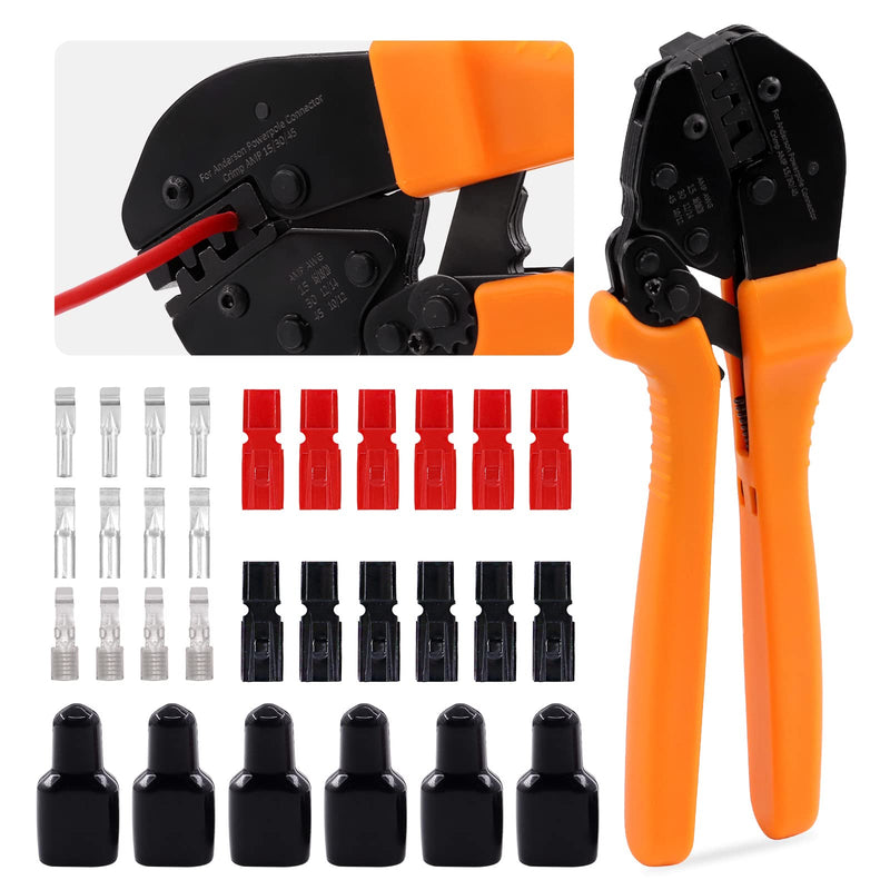 Glarks 31Pcs Power Connector Crimper Assortment Kit Set including Ratcheting Wire Crimper with 15A 30A 45A Power Connectors and Cap Compatible with Anderson Connector