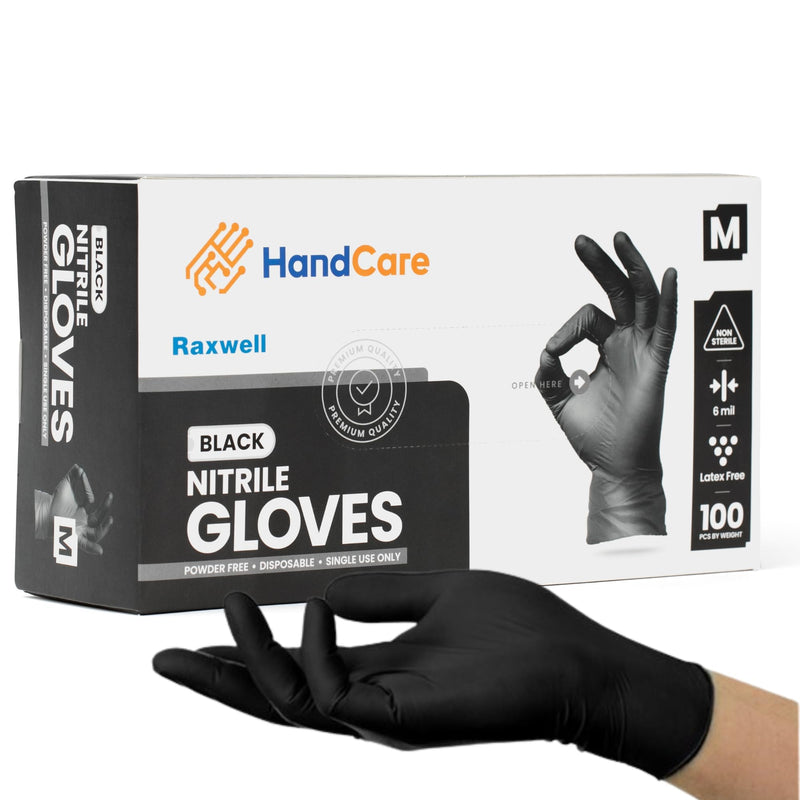 HandCare 6 Mil Black Nitrile Disposable Gloves, Powder-Free & Latex-Free for Cleaning, Food Prep & Tattoo Small (Pack of 100)