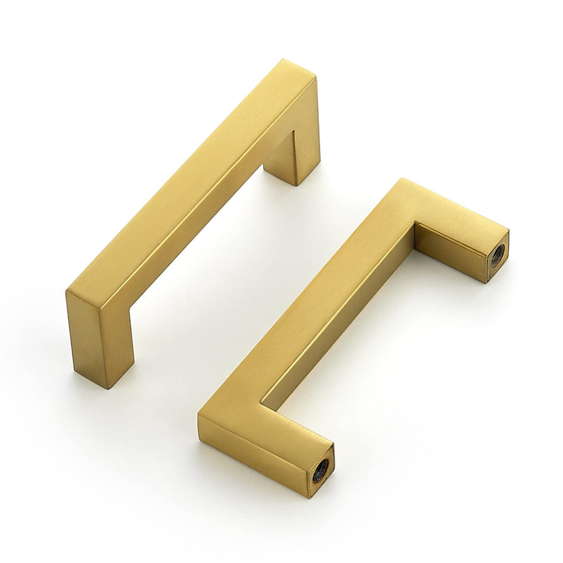 Ravinte 10 Pack 3 Inch Square Cabinet Handles, Brushed Brass Finish, Stainless Steel Kitchen Hardware Pulls with 3" (76mm) Hole Center for Cabinets, Gold 3 Inch Hole Center