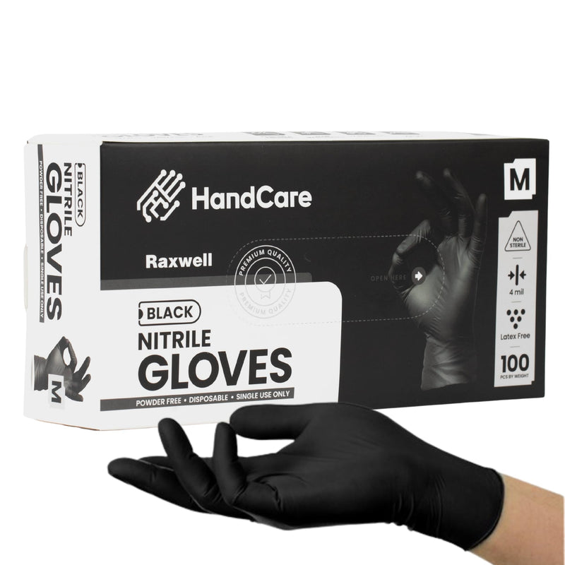 HandCare 4 Mil Black Nitrile Disposable Gloves, Powder-Free & Latex-Free for Tattoo, Food Prep & Cleaning Medium (Pack of 100)