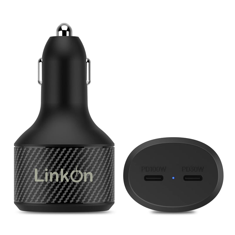 LinkOn 130W USB C Car Charger PD3.0 (100W) PPS + 30W PD – Dual USB-C Port Fast Charger for Laptop, Phone, or Tablet Compatible with MacBook, Dell XPS, HP, iPhone 15/16, Galaxy S23/S24, Pixel, and more Carb-130W