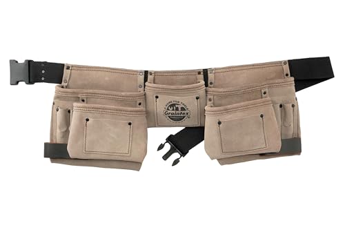 Graintex DS2016 11 Pocket Beige Color Suede Leather Tool Belt/Tool Bag/Work Apron, 2 Hammer Loops, Adjustable Belt | Construction, Carpenter, Roofing, Drywall, Electrician, Gardening, DIY One Size Fits All