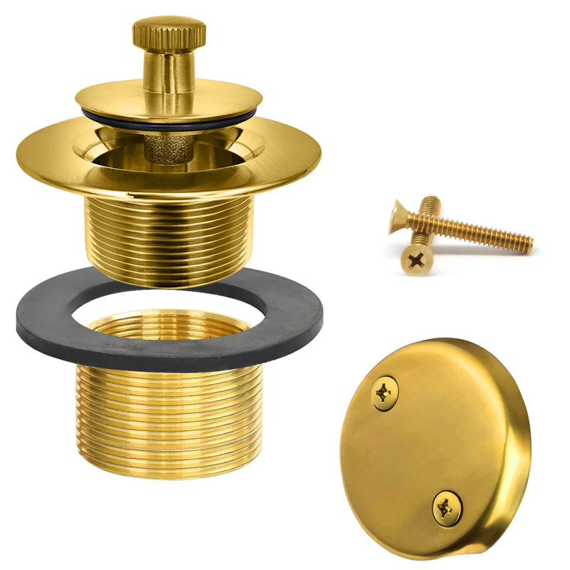 Brushed Gold Bathtub Drain - Lift and Turn - Gold/Brass Tub Drain, Overflow Drain Cover, and Tub Drain Replacement Kit - Solid Brass - Professional Grade - Fits 1-3/8" and 1-1/2" Brushed Gold