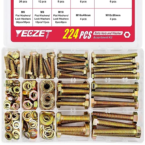 224PCS Grade 8.8 M6 M8 M10 Heavy Duty Bolts and Nuts Assortment Kit Includes 8 Most Common Sizes M6,M8,M10--Bolts and Nuts Kit