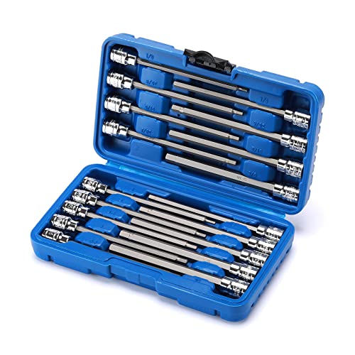 CASOMAN 18 Pieces 3/8 Inch Drive Long Hex Bit Socket Set,1/8 Inch to 3/8 Inch, 3mm to 10mm, SAE&Metric, Extra Long Allen Hex Bit Socket Set, CR-V and S2 Steel 18 Pieces Metric & SAE