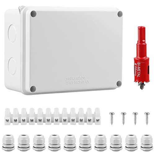 CPROSP Junction Box IP65 Wet Room Box Surface-Mounted Junction Box 150 110 | Waterproof; for diameter 6-12mm; with 10 x cable glands; with hole saw 20 mm 1 piece. IP65 - White - M20 - 150x110x70mm