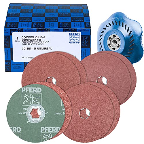 PFERD TOOLS COMBICLICK Fibre Disc Set, 9 Pieces, Corundum Diameter 125 mm, A36, 60, 80, 120 Including Support Plate, 42098001 - for Universal Applications with Angle Grinder Combiclick 125 Universal Fibre Disc Set 36-120