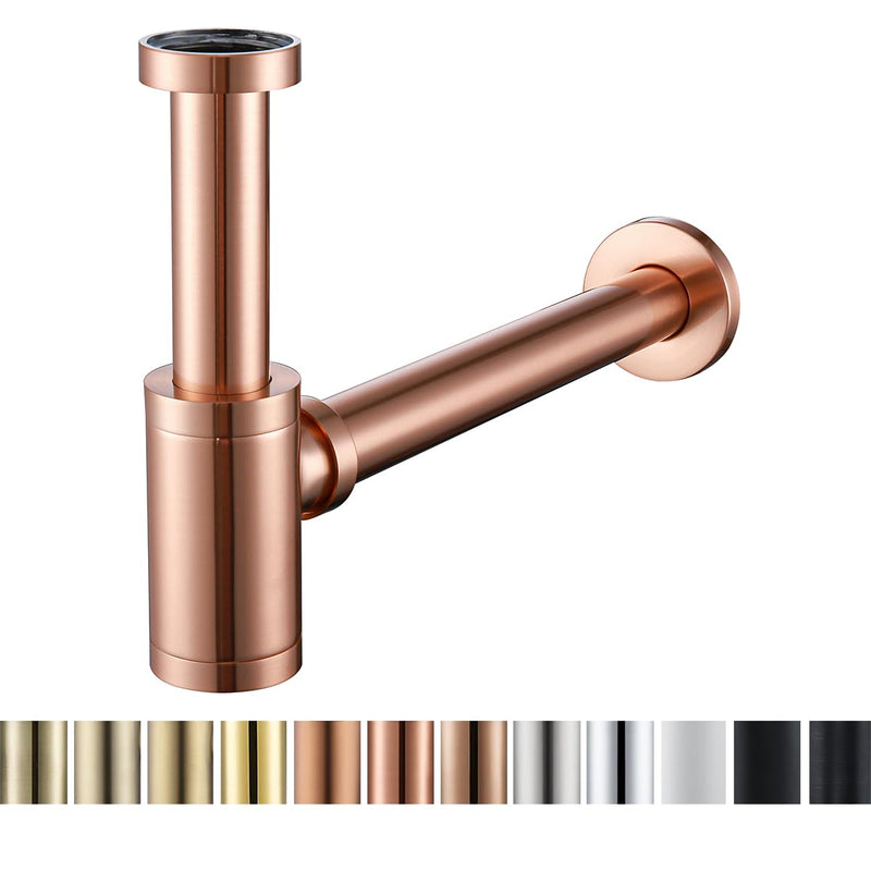 RANDOM Brass Contemporary Round Bottle P Trap 1 1/4 Basin Sink Waste Drain P Trap Kit, Copper Satin, Also Red Antique Copper（Brushed Rose Gold） Brushed Rose Gold