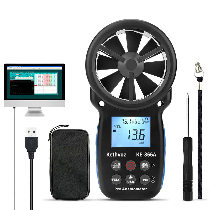 Wind Gauge HVAC Anemometer, Kethvoz Wind Meter CFM Air Flow Tester Wind Speed Meter Measure Air Flow Speed Wind Temperature for Air Vent Dust Collection Drone Shooting KE-866A