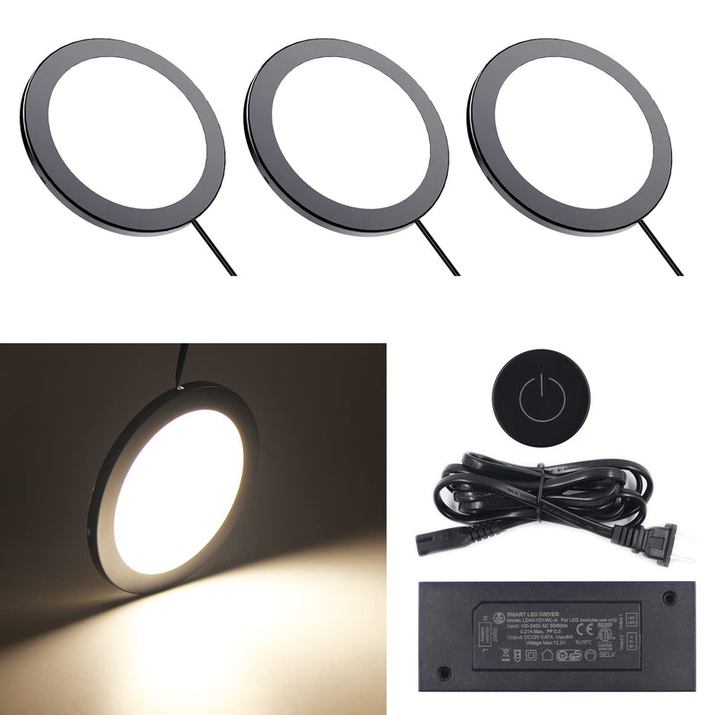 VST Under Cabinet Mini Panel Lighting 3PCS 3.94inch 12V 2.5W(Total 7.5W) with Wireless Dimmer Switch, Surface Mount Puck Light for Kitchen Van Truck Car Galley Downlight (Round Black4000K) Touch Wireless Switch 3 Pack Round Black
